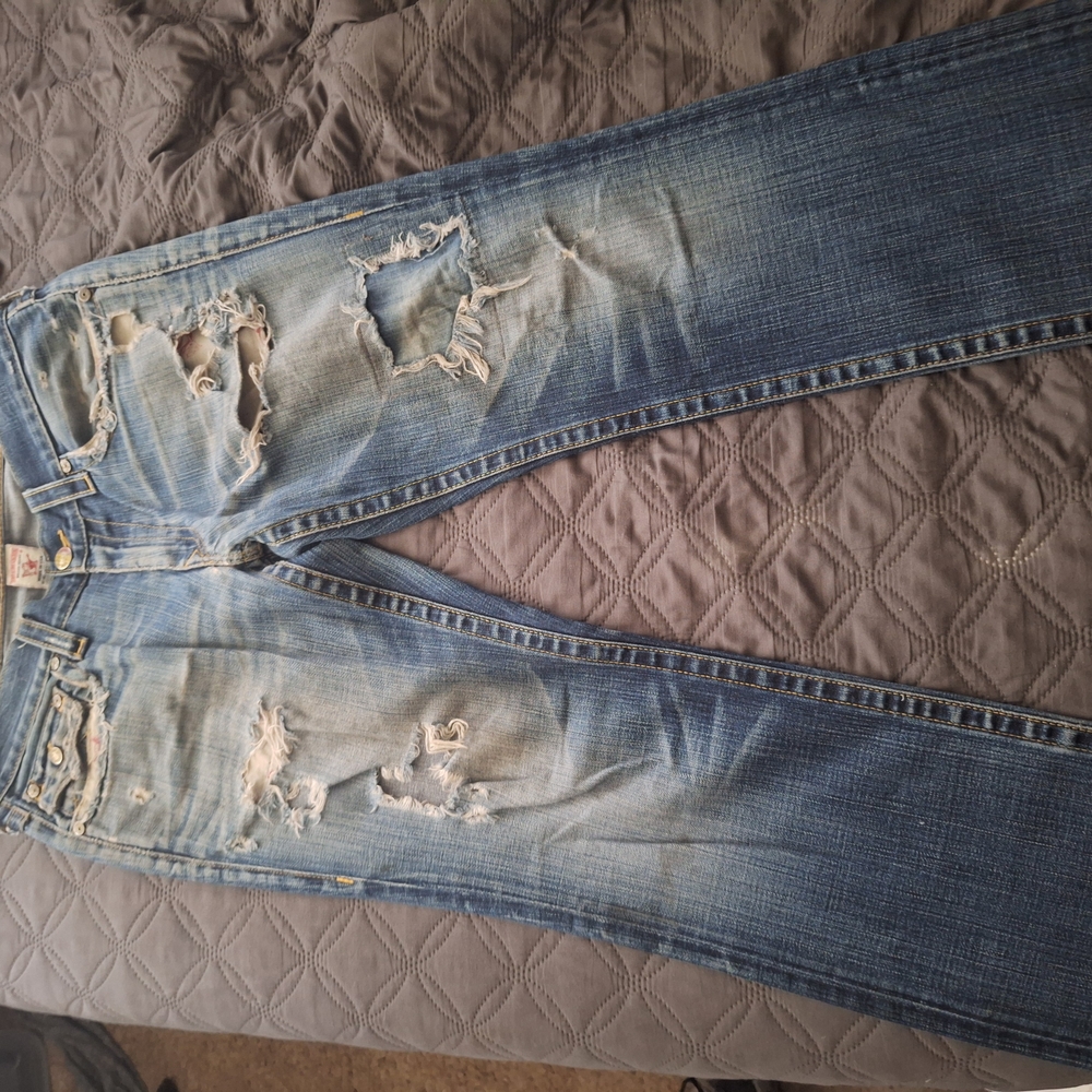 True Religion Blue Straight Leg Jeans with Vintage Distressing